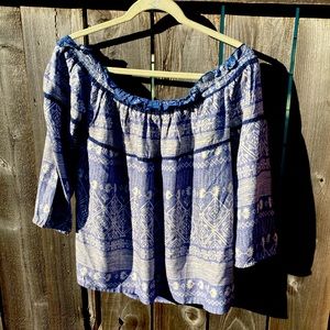 Roxy boho off the shoulder Xl blue white printed soft long sleeves blouse